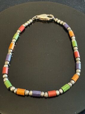 Sterling Silver 925 Italy Multicolor Glass Bead Bracelet 7.5” Colorful Stackable
